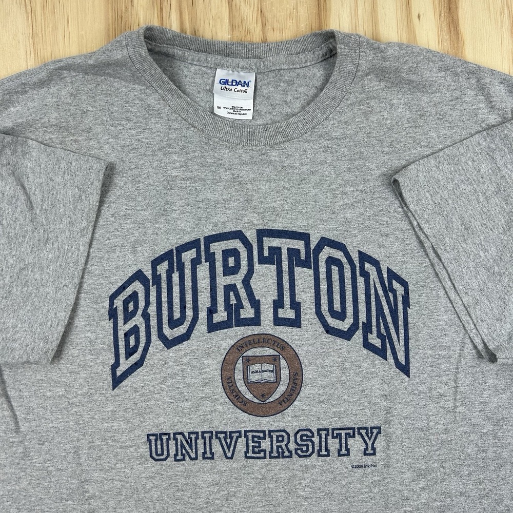 Y2K Vintage Burton University Men's Medium Gray Short Sleeve T-Shirt Graphic